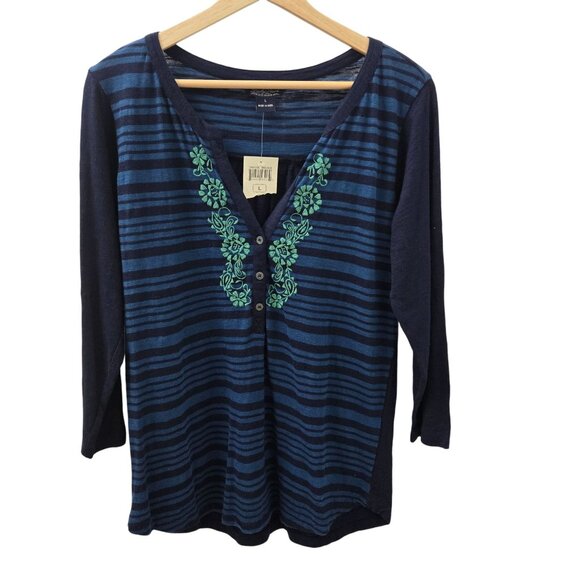Lucky Brand Henley Top Womens Large Navy Blue Striped Embroidered Tunic Boho NEW - Picture 1 of 10